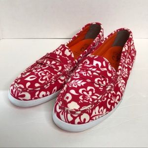 Cole Haan bright red floral slip on penny loafers